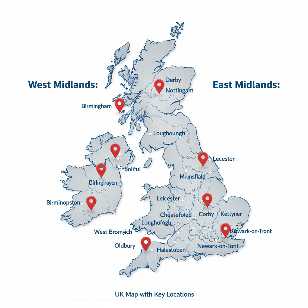 locations of west midlands and eastmidlands are shown where dynasty glazing provide doors and windows installation services