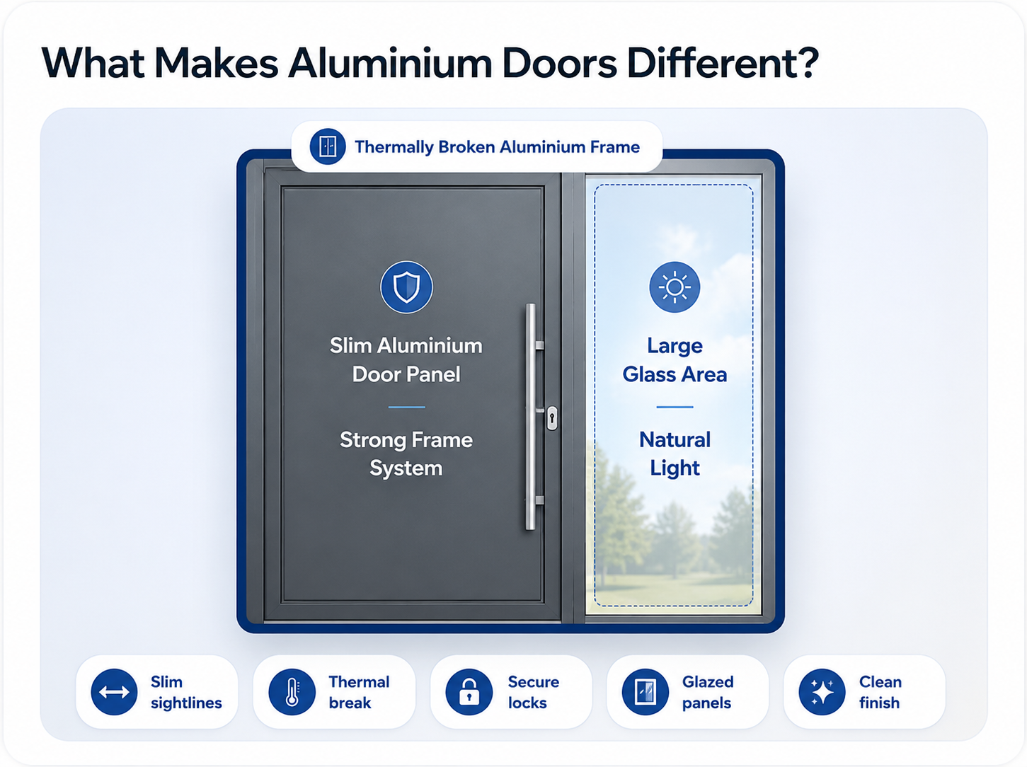 Aluminium door diagram showing slim aluminium door panel, thermally broken frame, large glass area, secure locks and clean finish
